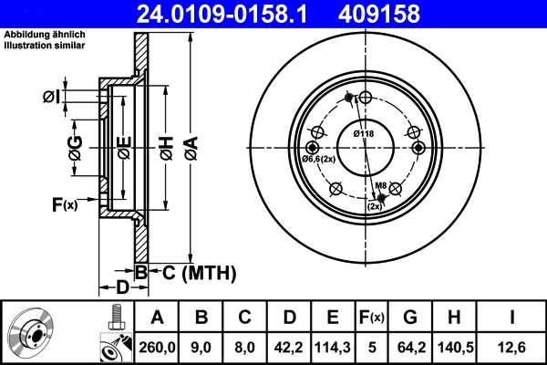 ATE 24010901581 Диск тормозной задн, HONDA: CIVIC VIII Hatchback 1.4/1.6/1.8/2.2 CTDi/Type R 05-, CIVIC VIII седан 1.3/1.3 Hybrid/1.6/1.8/2.0 05-