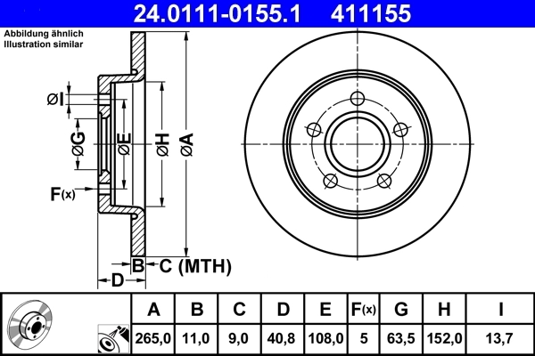 ATE 24011101551 Диск тормозной задн, FORD: C-MAX 1.6/1.6 TDCi/1.8/1.8 Flexifuel 07-, FOCUS C-MAX 1.6/1.6 TDCi/1.6 Ti/1.8/1.8 Flexifuel 03-07, FOCUS II 1.4/1.6/1.6 LPG/1.6 TDCi/1.6