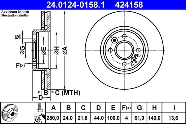 ATE 24012401581 Диск тормозной передн, RENAULT: CLIO II 2.0 16V Sport/2.0 16V Sport 98-, CLIO III 2.0 16V 05-, KANGOO 1.6 16V 4x4/1.9 dCi 4x4 97-, KANGOO Express 1.6 16V 4x4/1.9 d