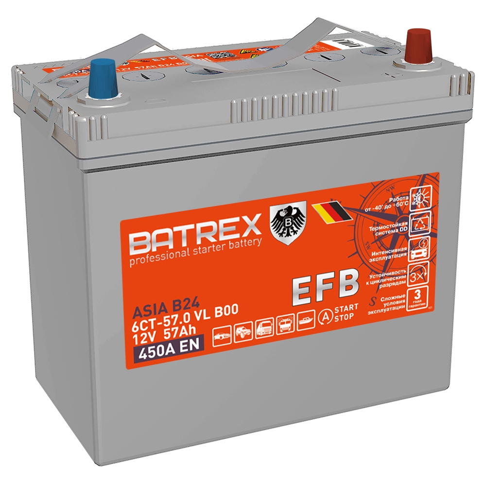 BATREX 4610082700345 Аккумулятор ASIA EFB 57 Ah, 450 A, 236 х 128 х 223 обр. 75B24L