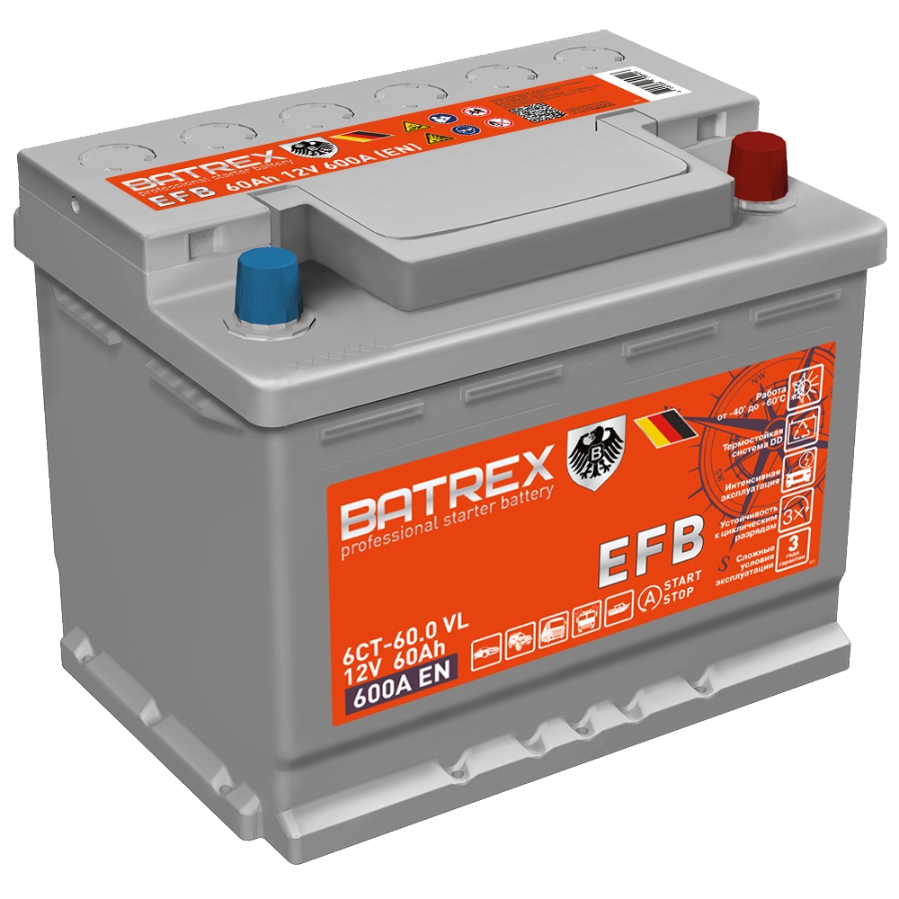 BATREX 4610082700406 Аккумулятор EFB 60 Ah, 600 A, 242 х 175 х 190 обр.
