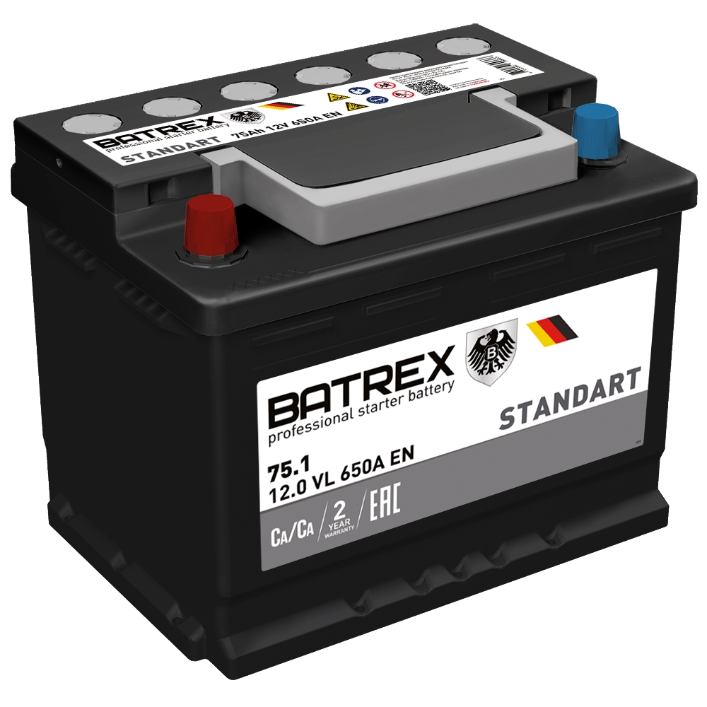 BATREX 4610082700666 Аккумулятор STANDART 75 Ah, 650 A, 276 х 175 х 190 прям.