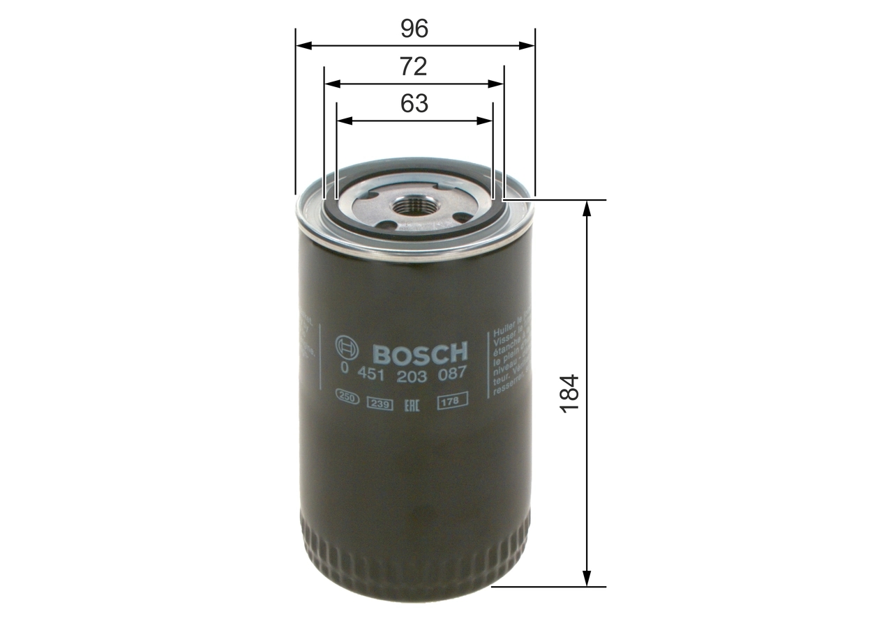 BOSCH 0451203087 Фильтр масляный VW: LT 28-35 I (281-363) 2.4D/TD/Syncro 78-, LT 40-55 I (293-909/291-512) 2.4D/TD/Syncro 78-, TRANSPORTER T4 (7D/70X) 2.4-2.5i/D/TDi/Syncro 90-