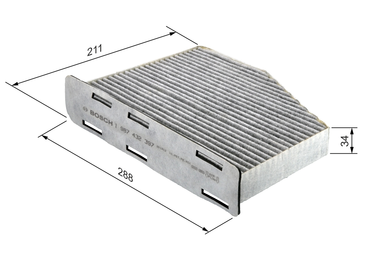 BOSCH 1987432397 Фильтр салона угольный. AUDI: A3 (8P) 03-13, Q3 (8U) 11-, TT (8J) 06-14   SEAT: ALHAMBRA 10-, OCTAVIA (1Z) 04-13, YETI (5L) 09-   VW: TOURAN (1T) 03- (LHD)