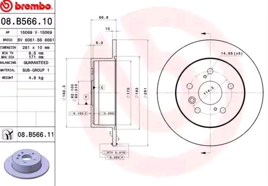 BREMBO 08B56611 Диск торм.зад.TOYOTA CAMRY 06=>