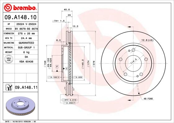 BREMBO 09A14811 Диск тормозной MITSUBISHI: LANCER 2.0 00-, LANCER 2.0 03-08, SPACE RUNNER 2.0/2.4 GDI 99-02
