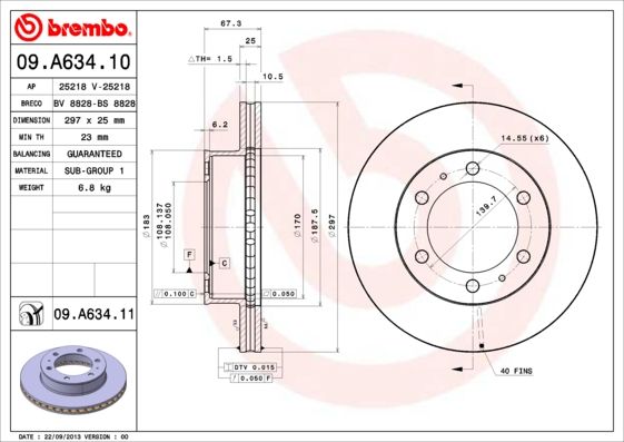 BREMBO 09A63411 Диск тормозной передний вентилируемый 297мм