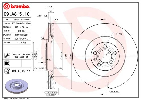 BREMBO 09A81511 Диск торм. пер.вент.[345x30] 5 отв.