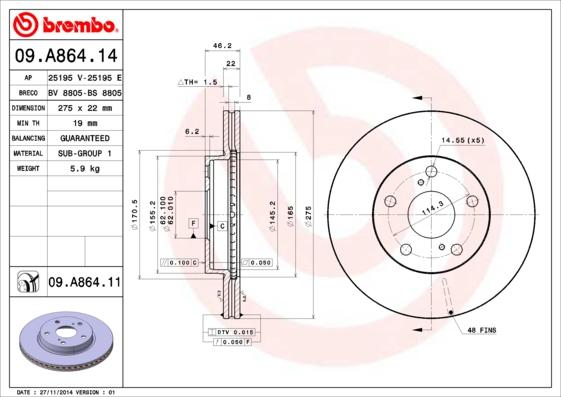 BREMBO 09A86414 Диск тормозной передний вентилируемый 275мм