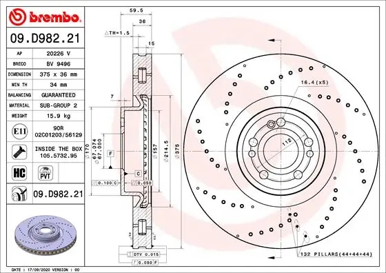 BREMBO 09D98221 Диск тормозной MERCEDES GLE(V167) 18-/GLS(X167) 19- AMG передний вент.D 375мм.