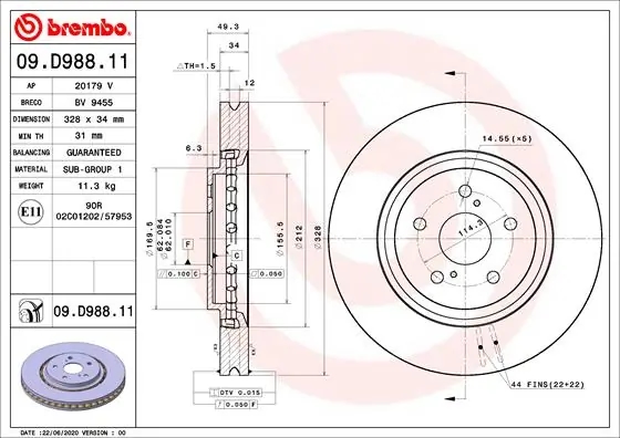 BREMBO 09D98811 Диск тормозной LEXUS RX 15-17/TOYOTA RAV 4 V 18- передний вент.D 328мм.