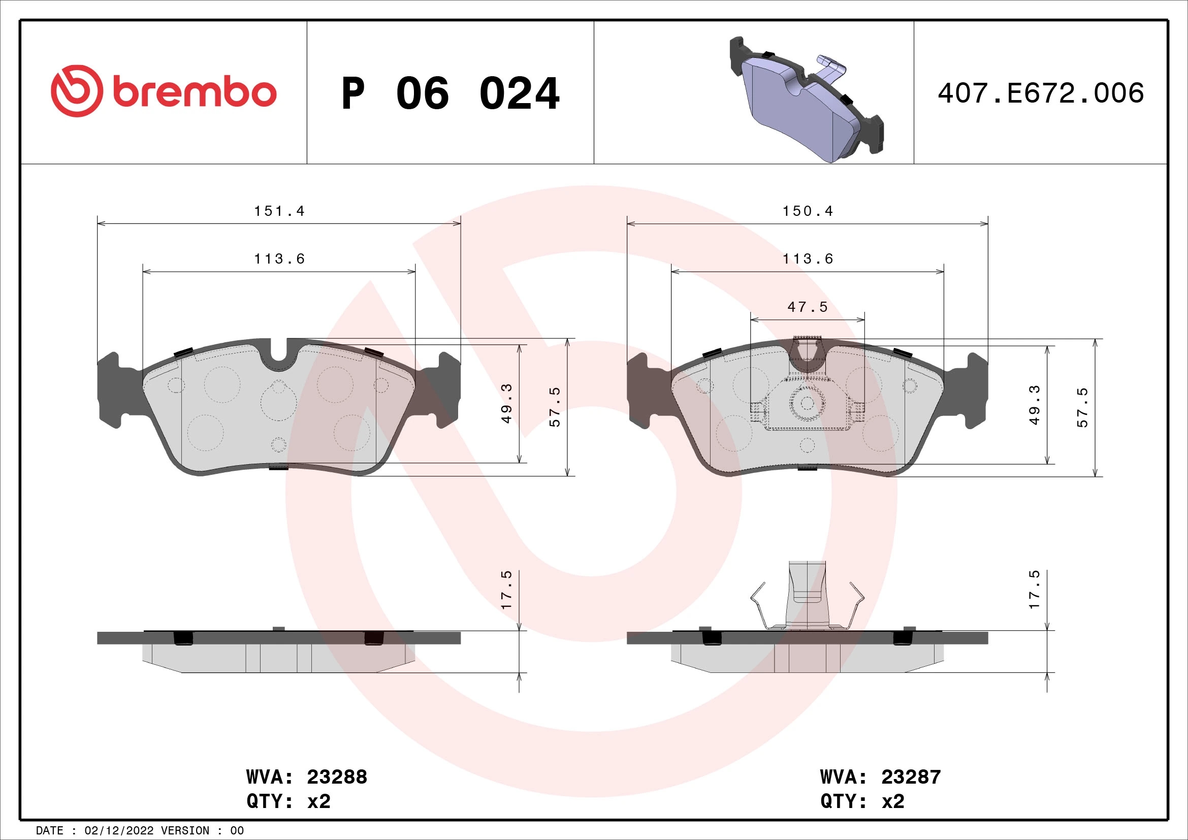 BREMBO P06024 Колодки тормозные дисковые перед