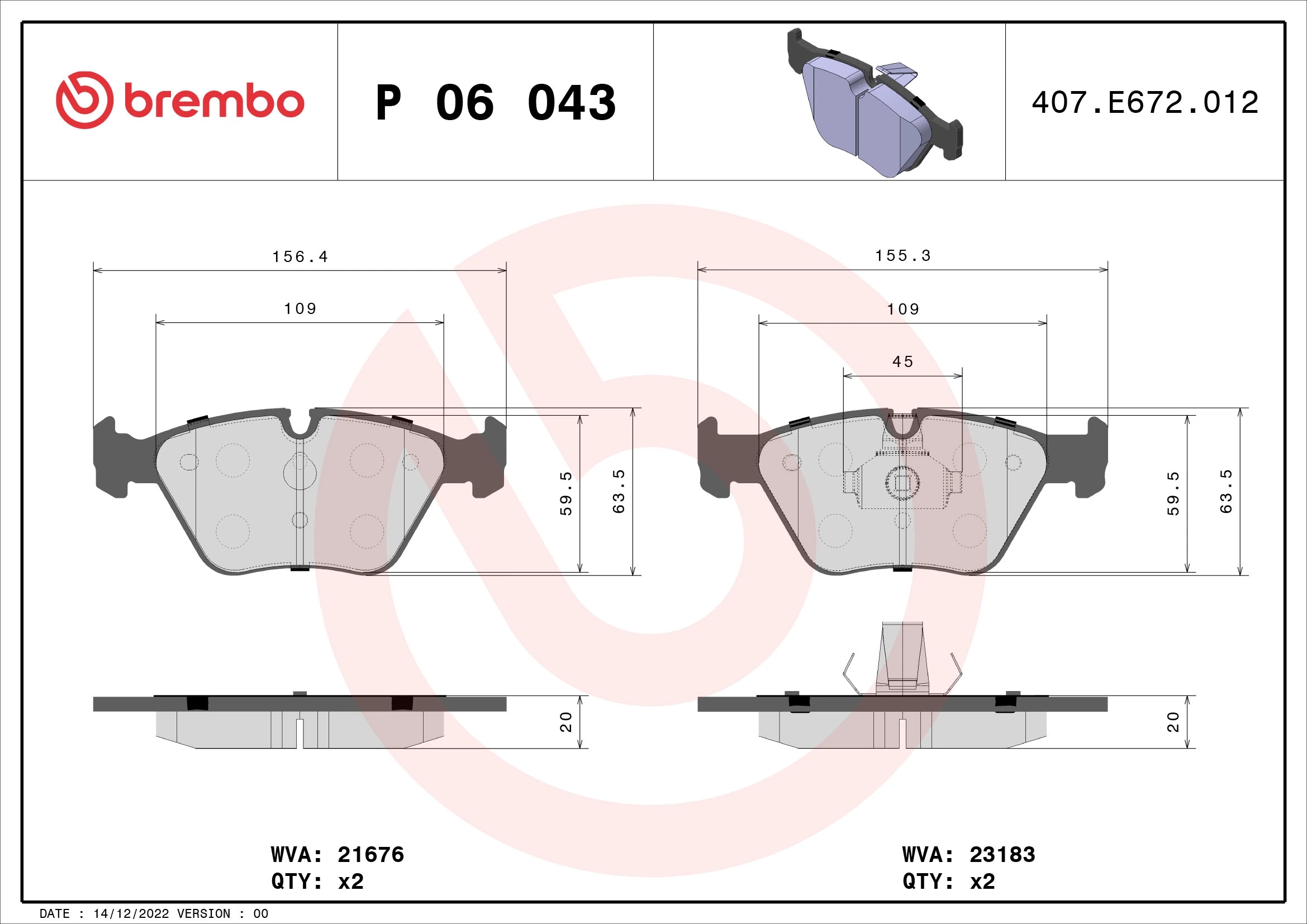 BREMBO P06043 Колодки тормозные дисковые перед