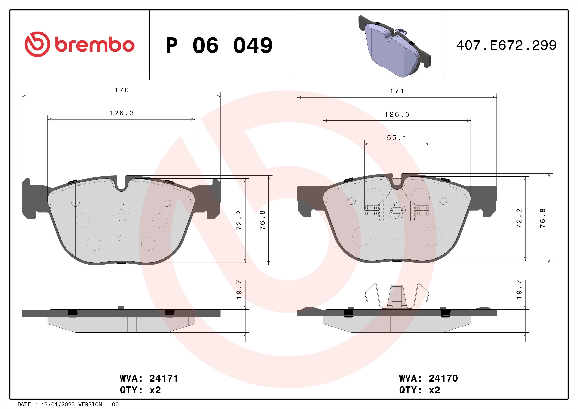 BREMBO P06049 Колодки тормозные дисковые перед