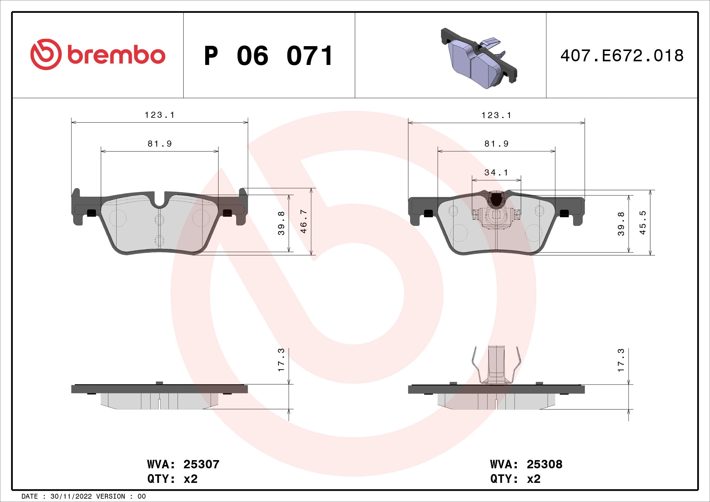 BREMBO P06071 Колодки тормозные BMW 1 F20 10-/3 F30 11- задние