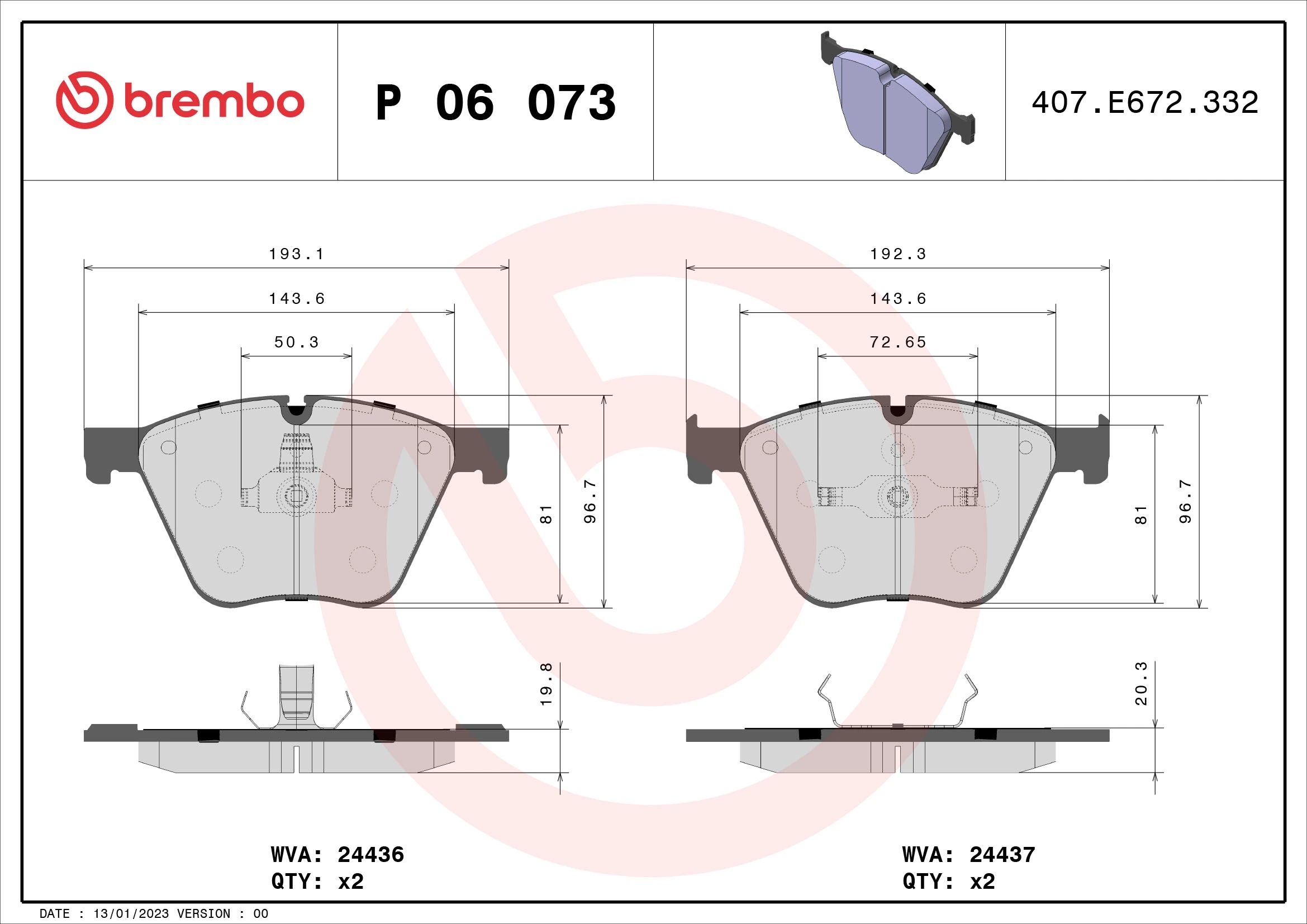 BREMBO P06073 Колодки торм.пер.