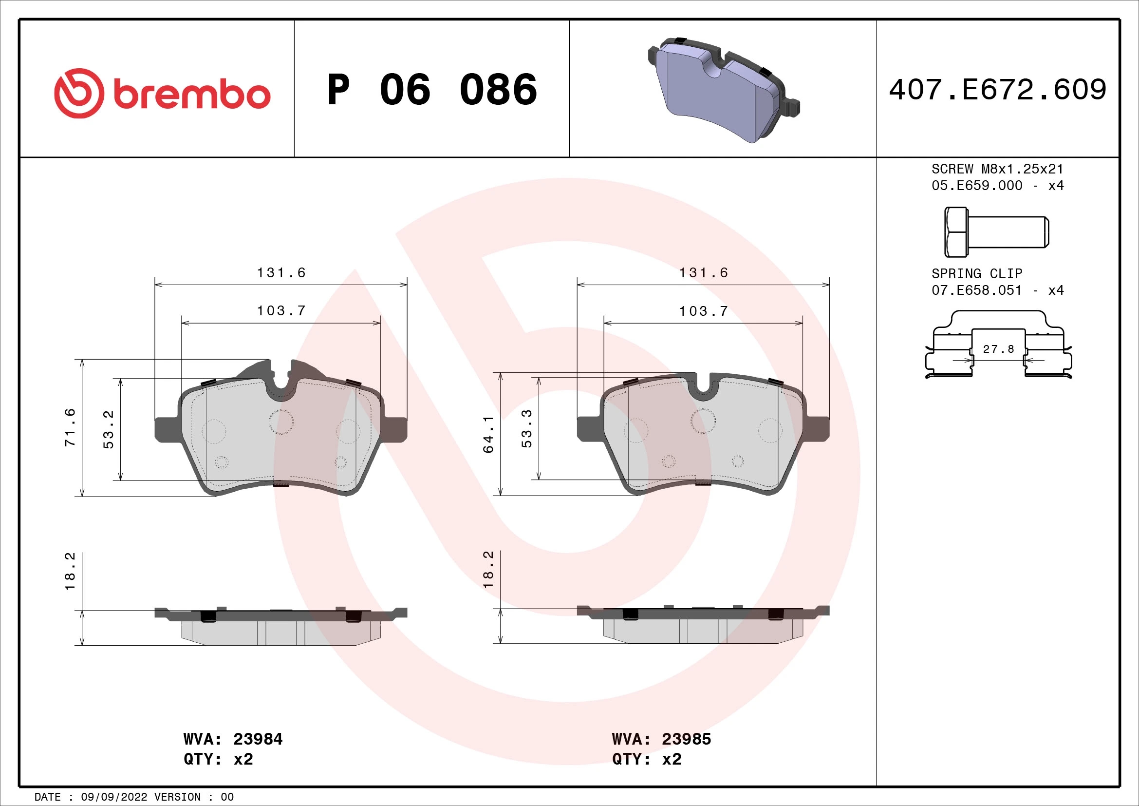 BREMBO P06086 Колодки торм.пер.
