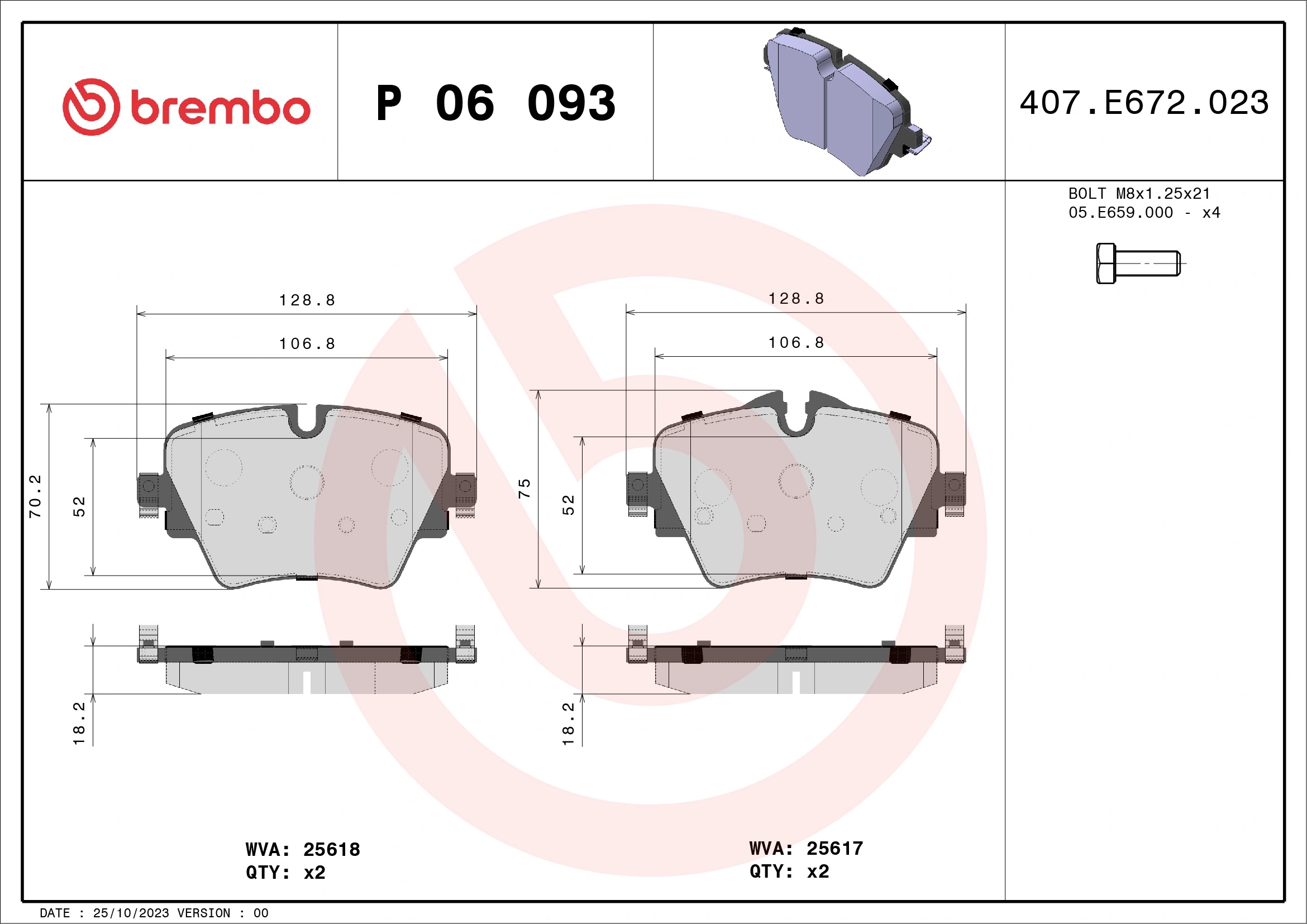 BREMBO P06093 Колодки тормозные BMW X1 F48/ 2 F45/46 передние