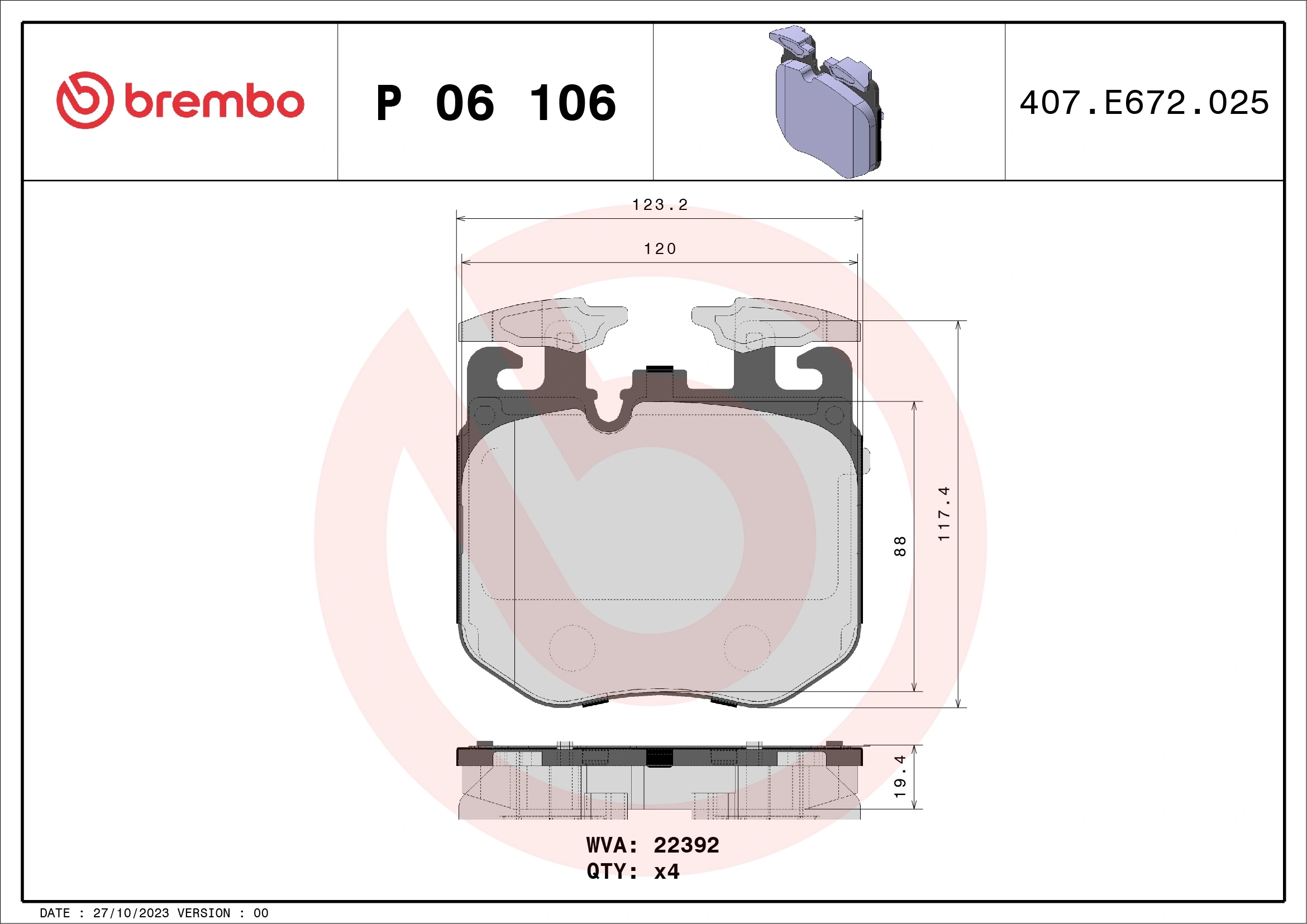 BREMBO P06106 Колодки тормозные BMW 5 G30/ X5 G05/ 7 G11/G12 13- передние