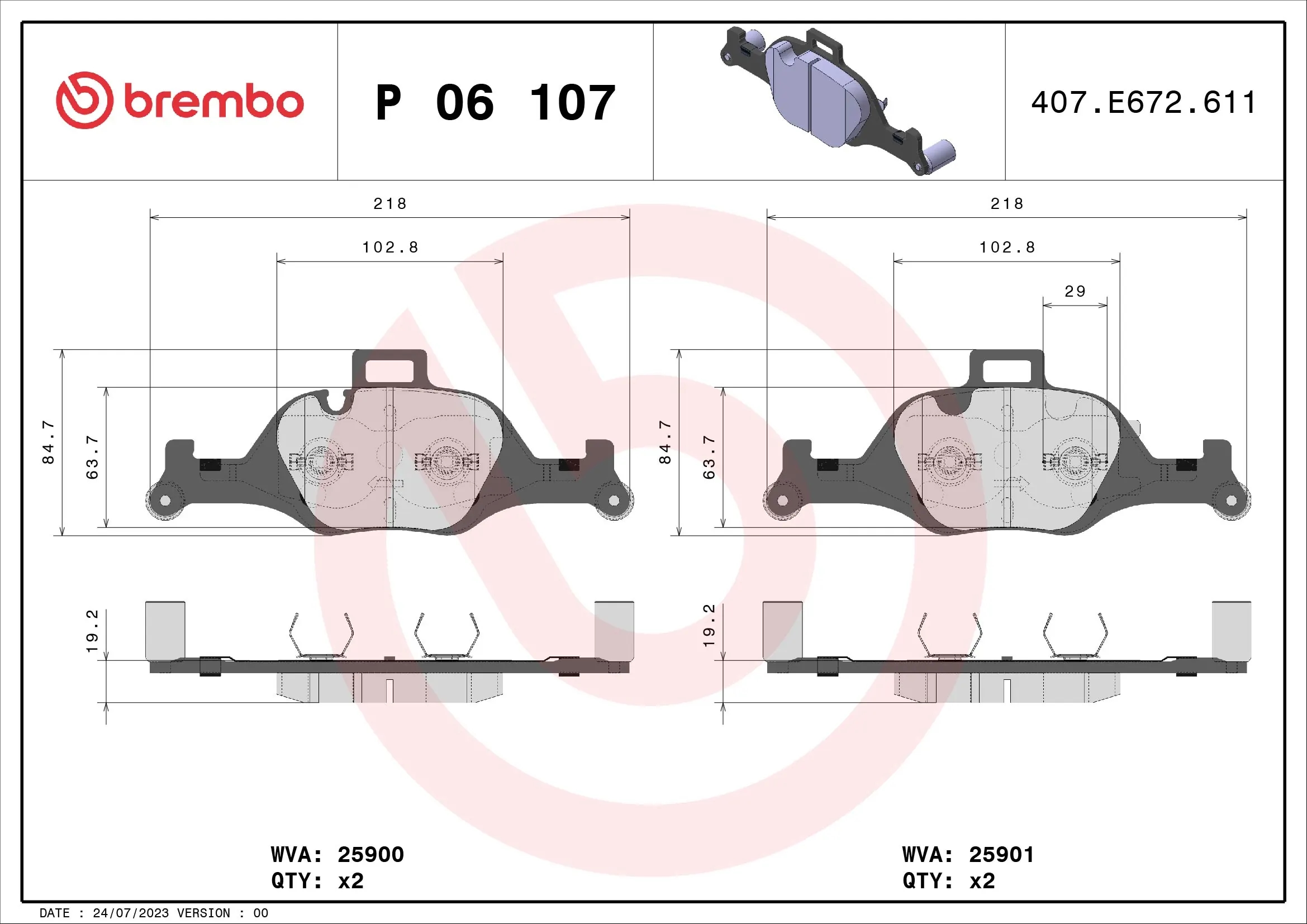 BREMBO P06107 Колодки тормозные BMW 5 G30/F90/7 G11/G12/X3 G01/F97/X4 G02/F98/X5 G05 передние