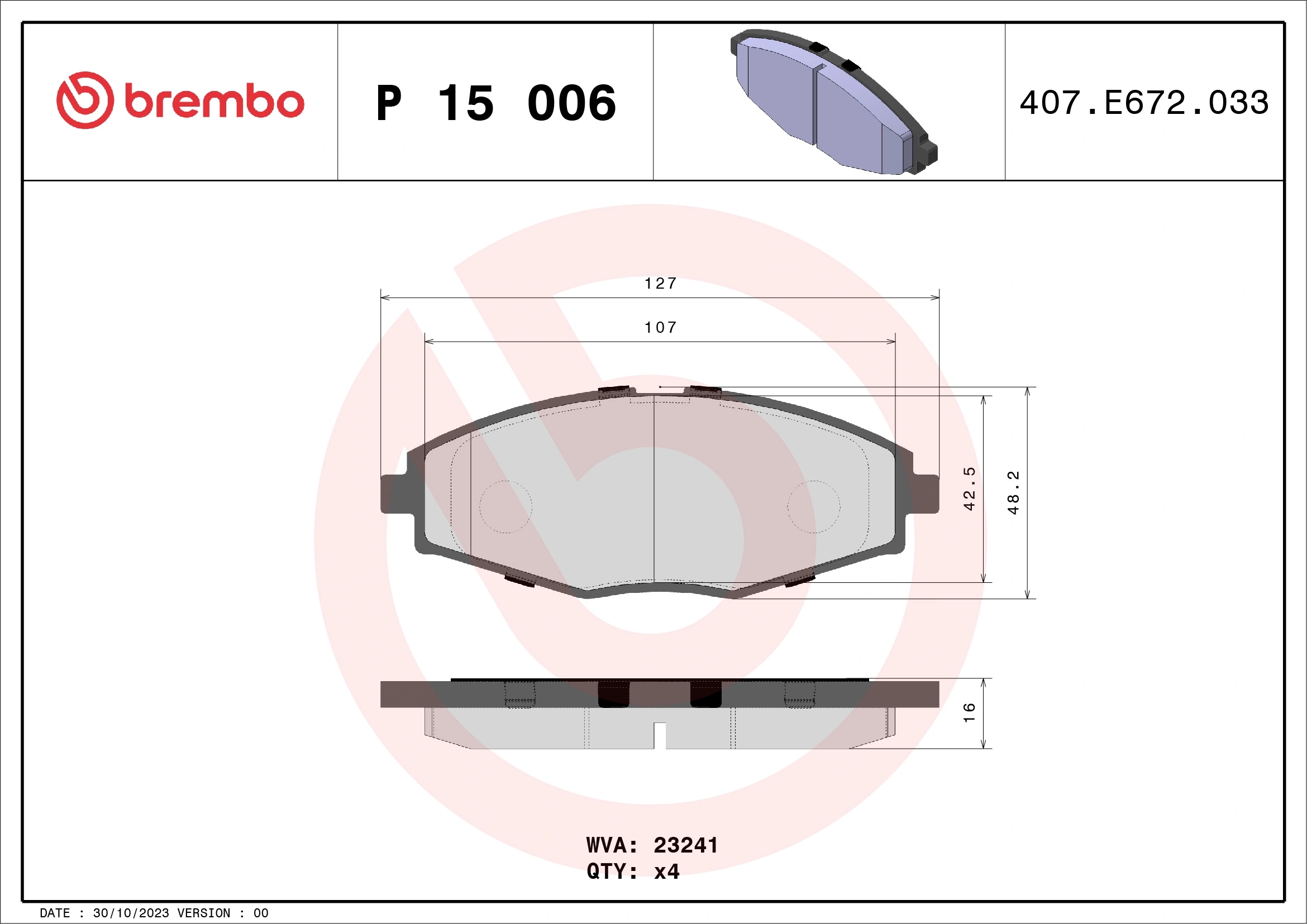 BREMBO P15006 Колодки тормозные дисковые перед