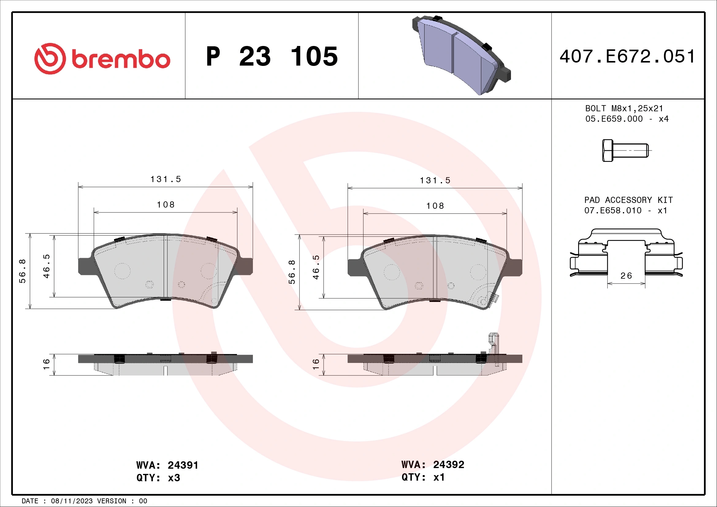 BREMBO P23105 Колодки тормозные дисковые перед