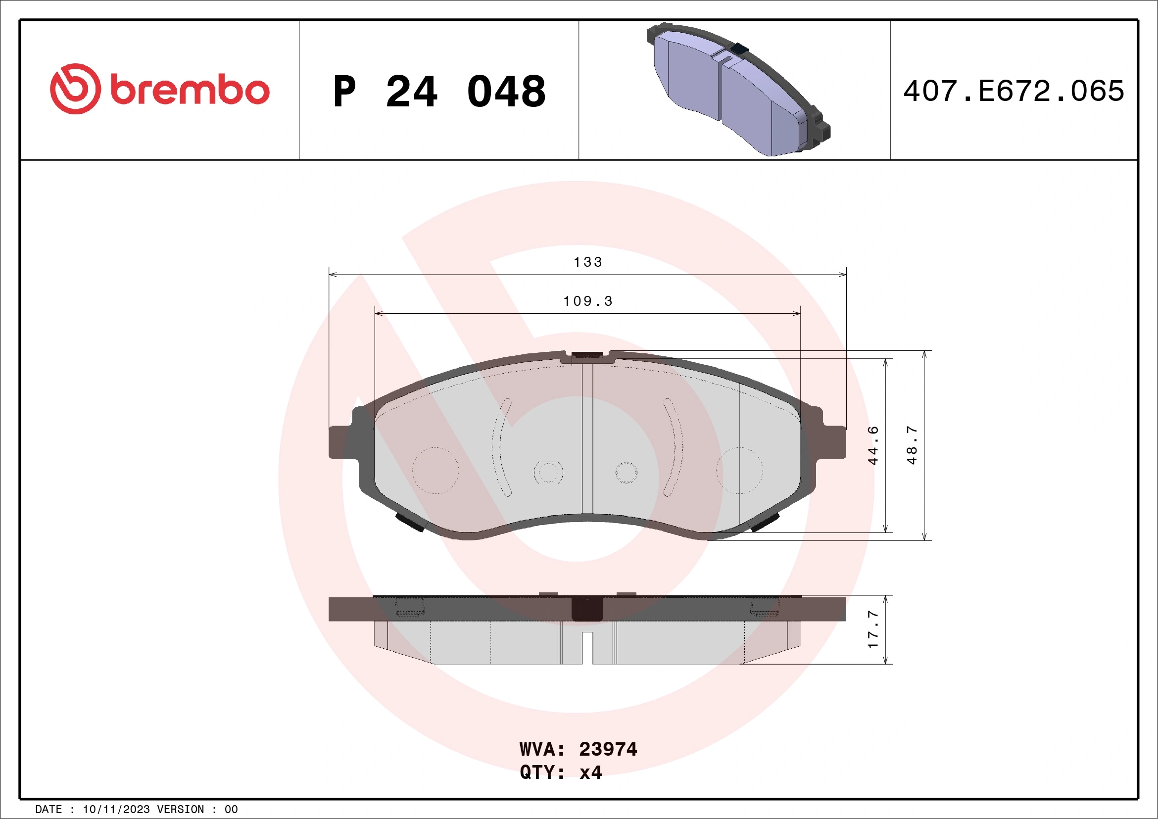 BREMBO P24048 Колодки тормозные дисковые перед