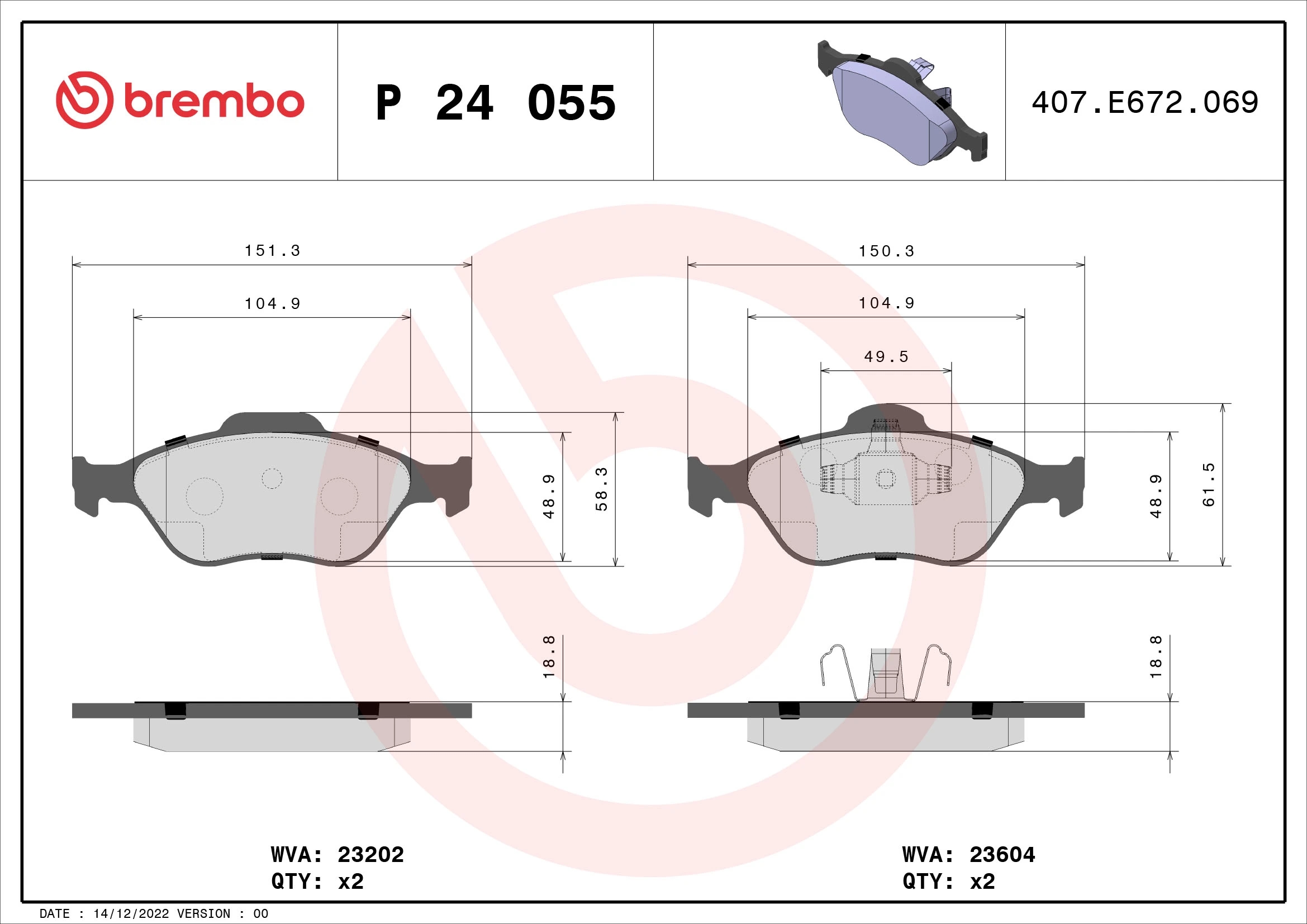 BREMBO P24055 Колодки тормозные дисковые | перед |