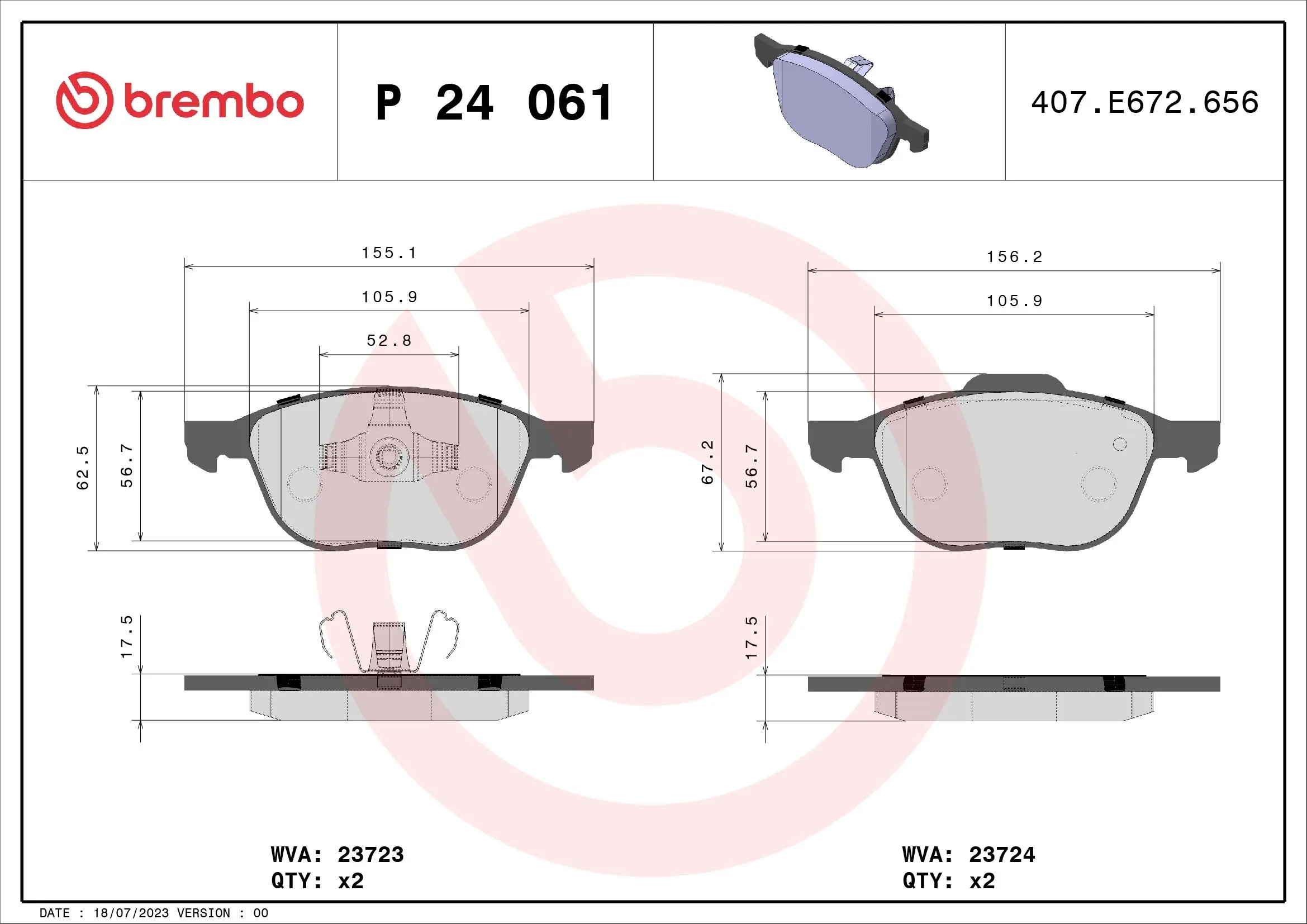 BREMBO P24061 Колодки тормозные FORD FOCUS II 04-/III 10-/MAZDA 3 03-/VOLVO S40 04- передние