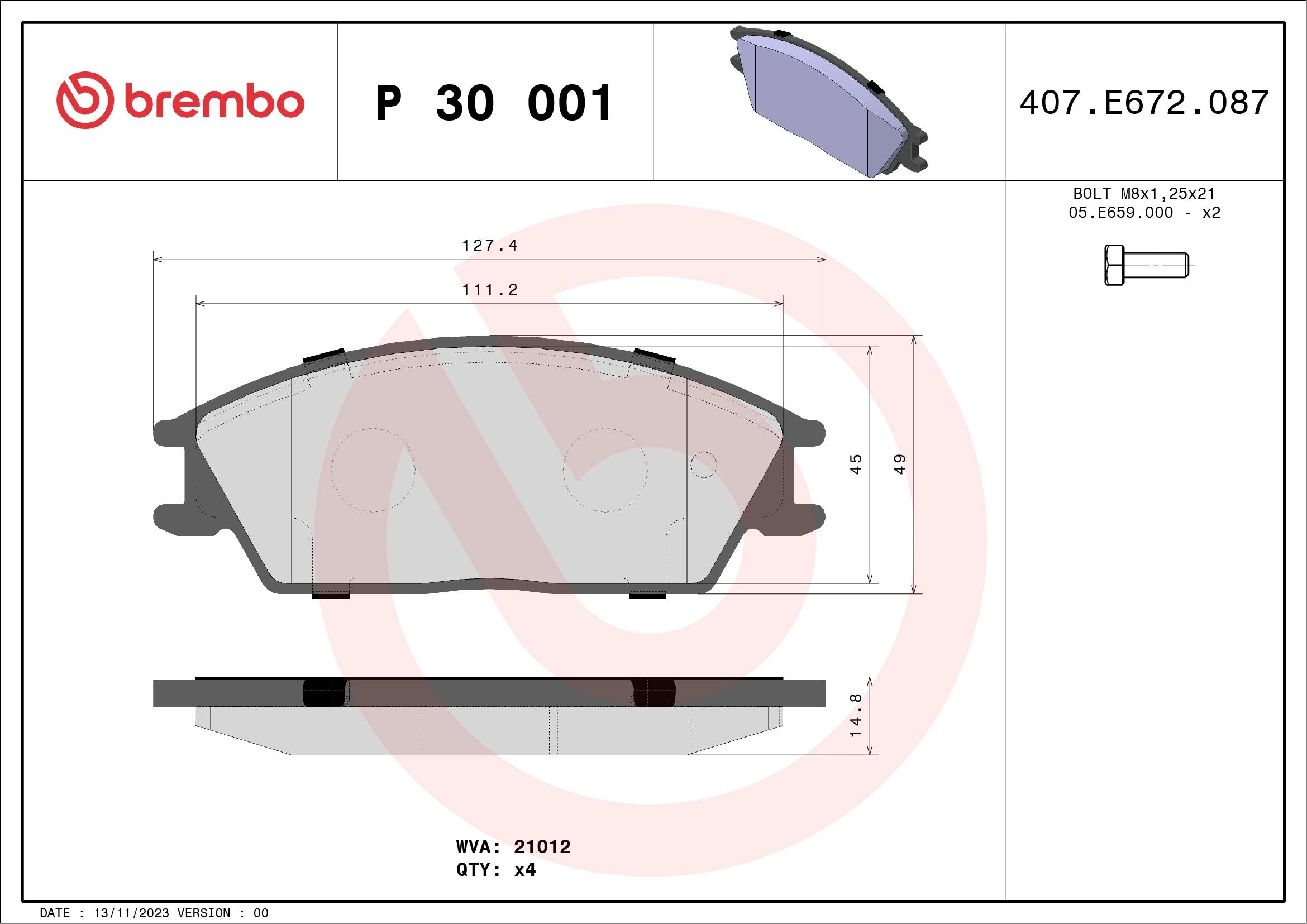 BREMBO P30001 Колодки тормозные дисковые перед