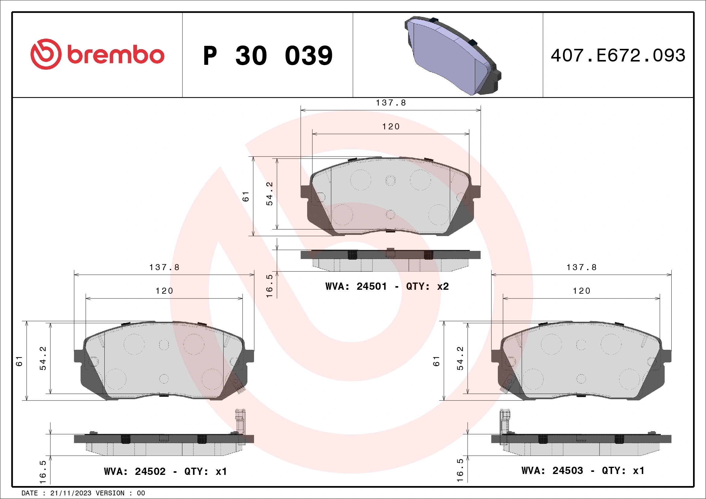 BREMBO P30039 Колодки тормозные дисковые перед