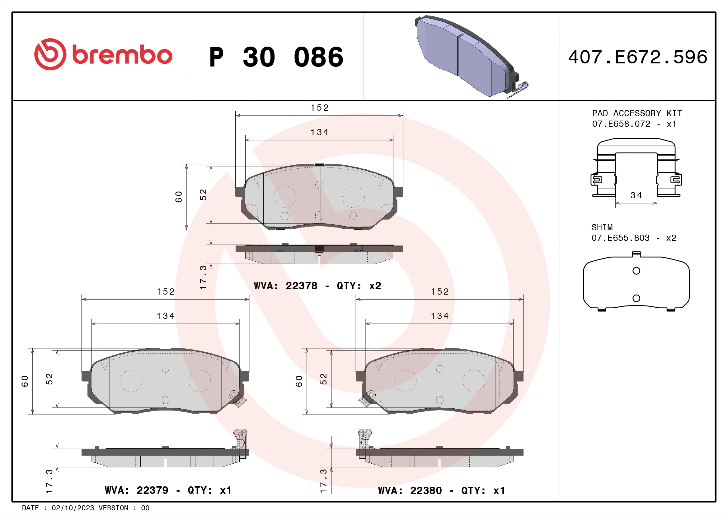 BREMBO P30086 Колодки тормозные KIA SORENTO III 15- передние