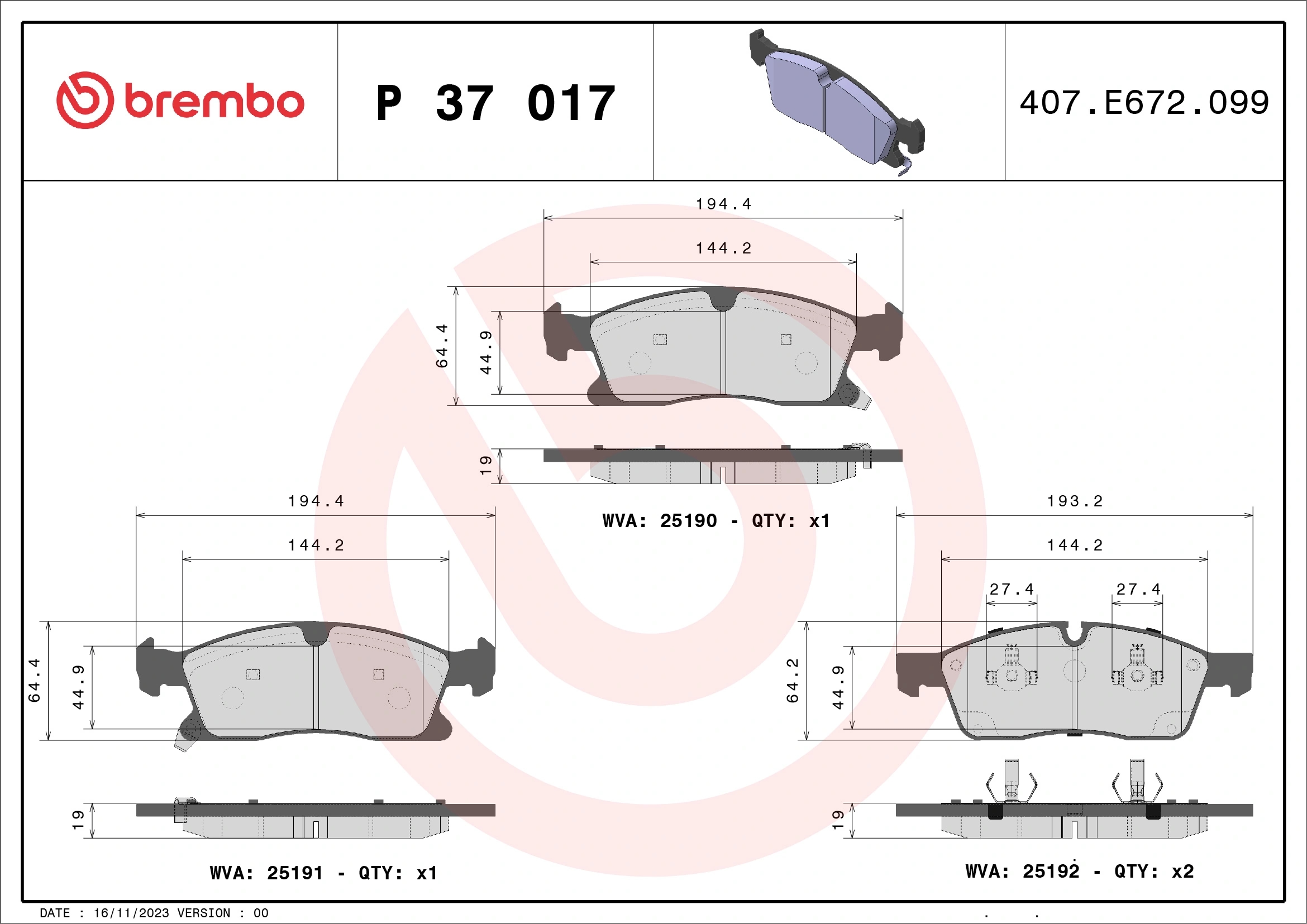 BREMBO P37017 Колодки тормозные JEEP GRAND CHEROKEE IV 10- передние