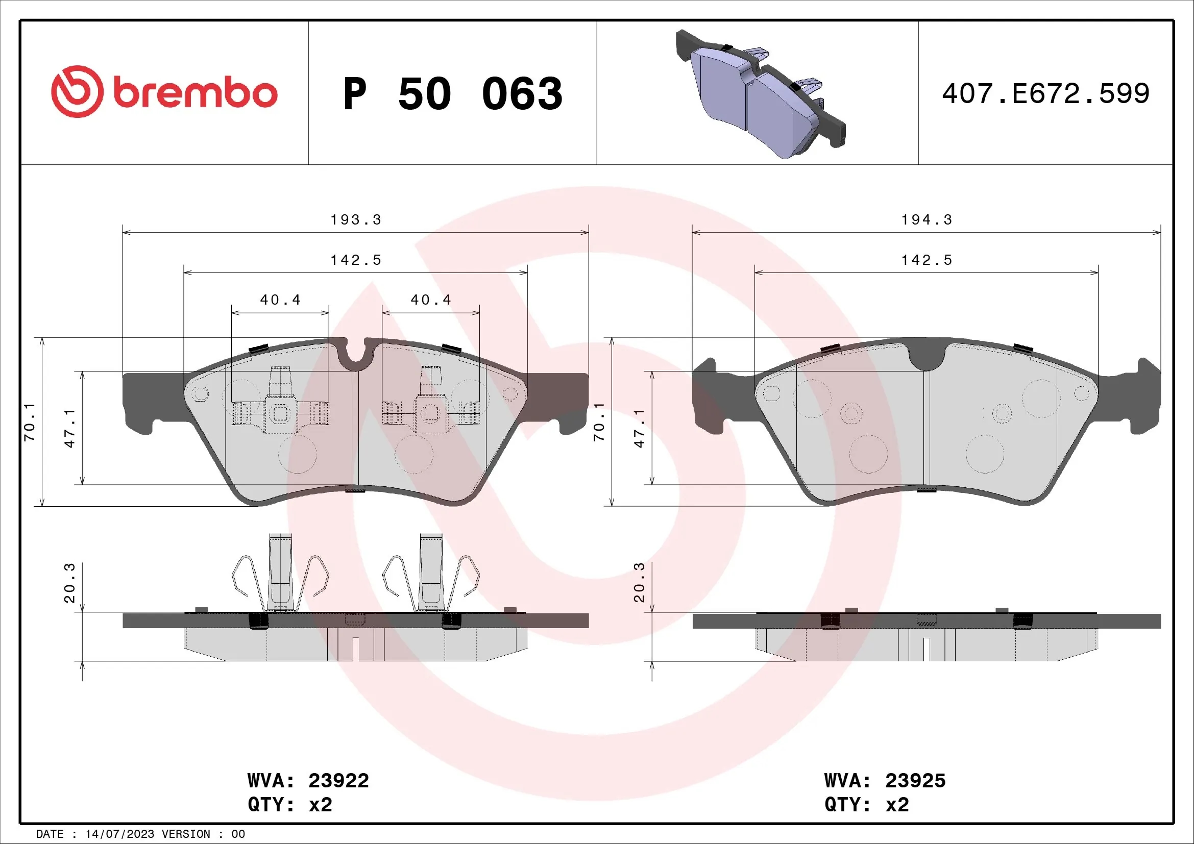BREMBO P50063 Колодки тормозные дисковые перед