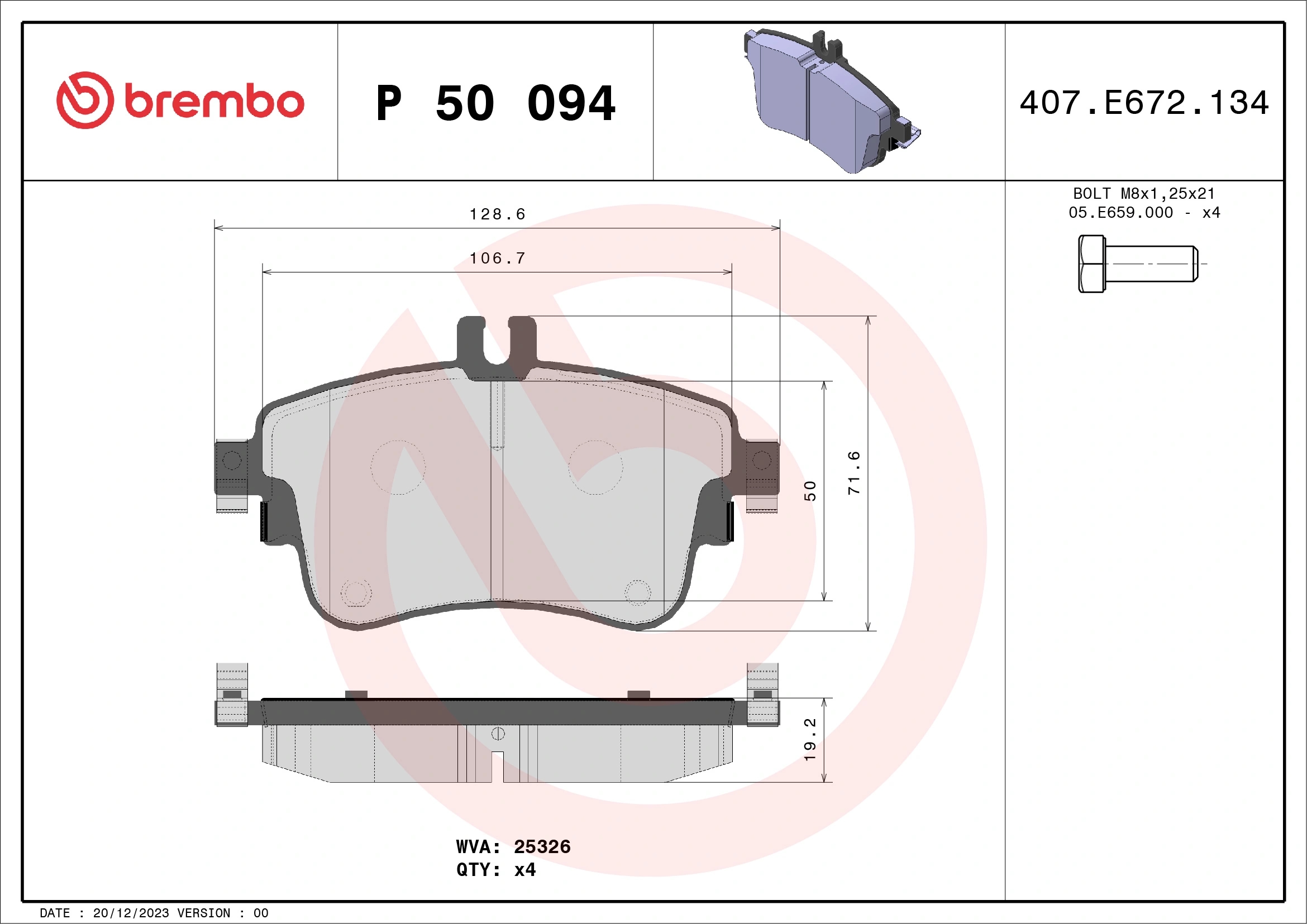BREMBO P50094 Колодки тормозные дисковые перед