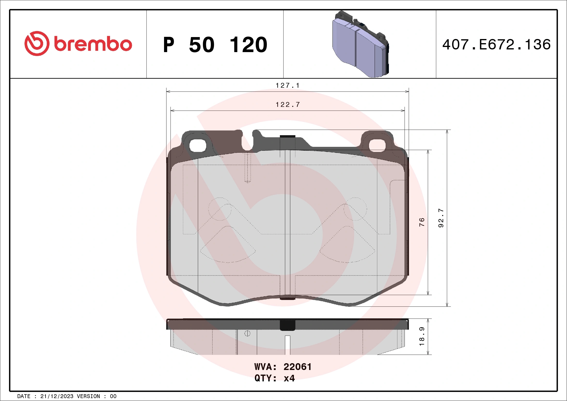 BREMBO P50120 Колодки тормозные дисковые | перед |