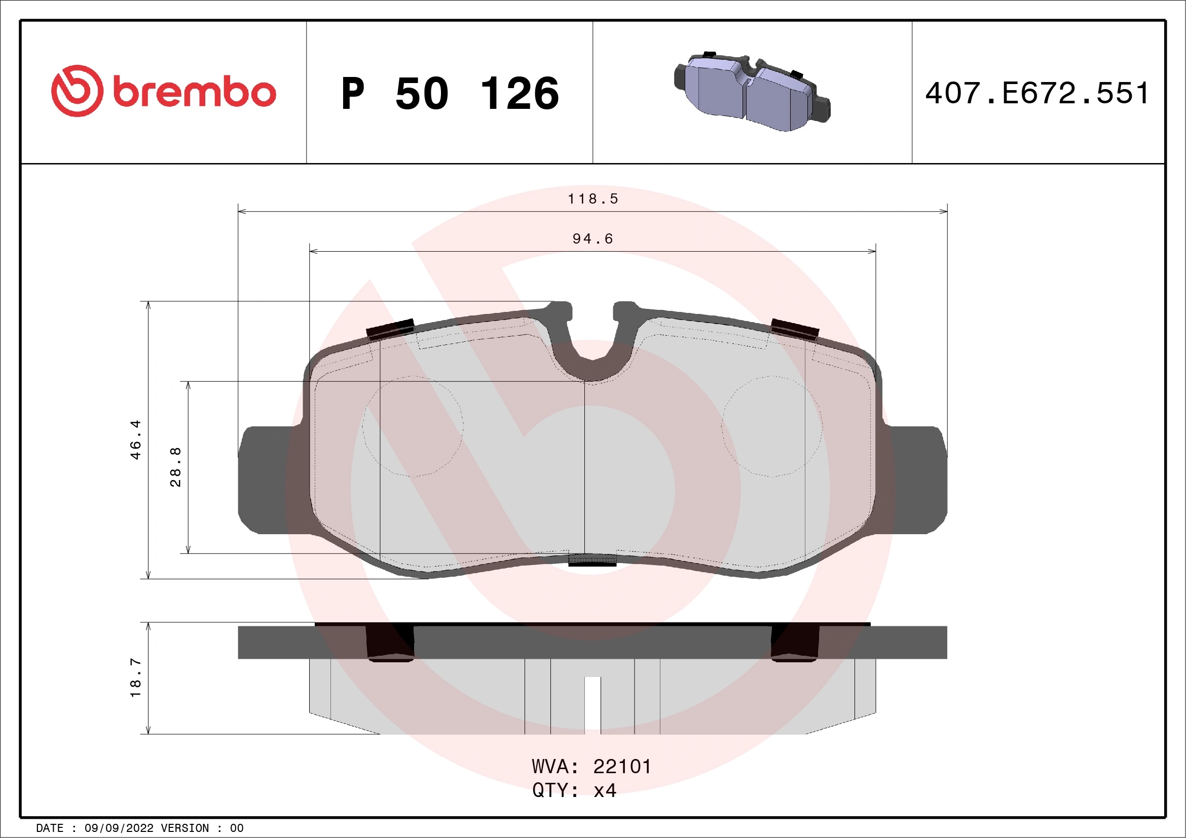 BREMBO P50126 Колодки зад. MERCEDES-BENZ V-CLASS (W447) 03/14->