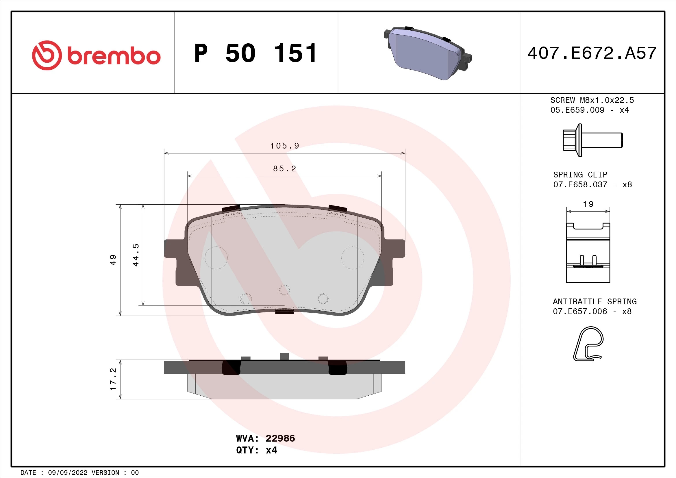 BREMBO P50151 Колодки тормозные MERCEDES A W177/CLA C/X118 задние