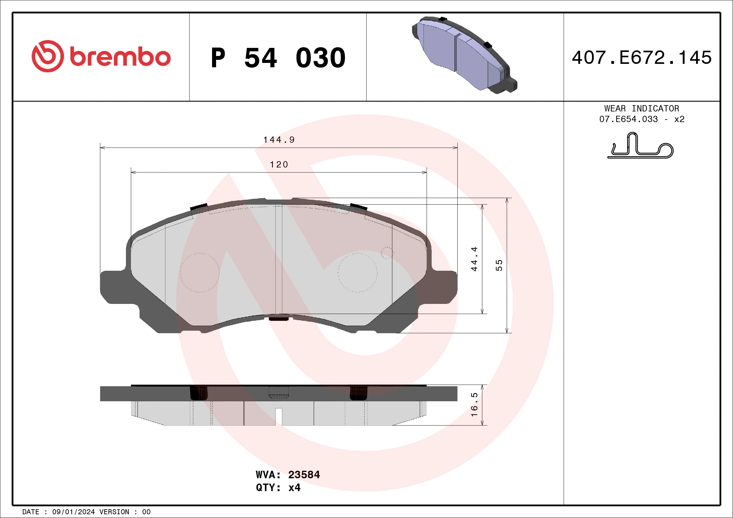 BREMBO P54030 Колодки тормозные дисковые передн MITSUBISHI: GALANT VI (EA ) 96-04 , GALANT VI универсал (EA ) 96-03 , LANCER SPORTBACK (CX A) 08-, LANCER седан (CS A) 03-, LANCER седан (