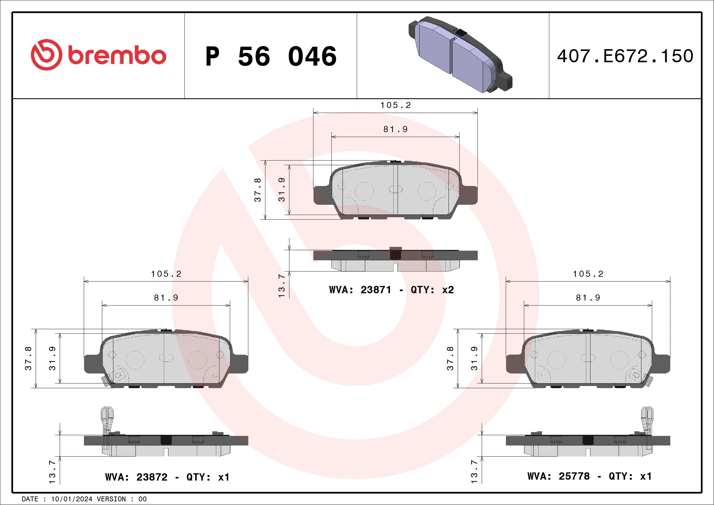 BREMBO P56046 Колодки тормозные NISSAN X-TRAIL/QASHQAI/TIIDA/INFINITI FX/RENAULT KOLEOS задние