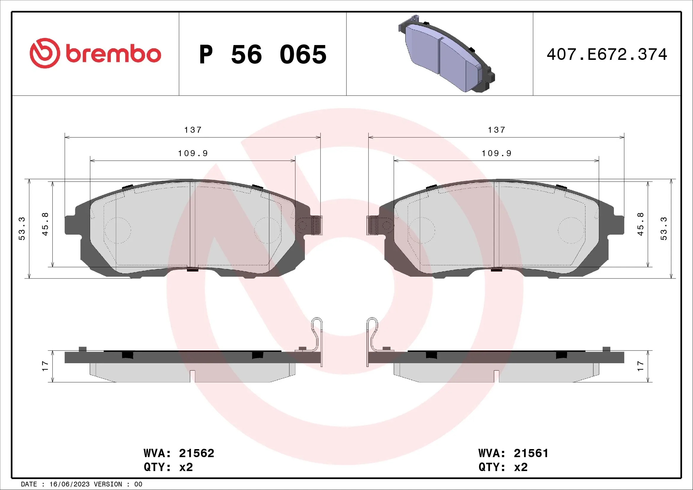 BREMBO P56065 Колодки тормозные дисковые перед