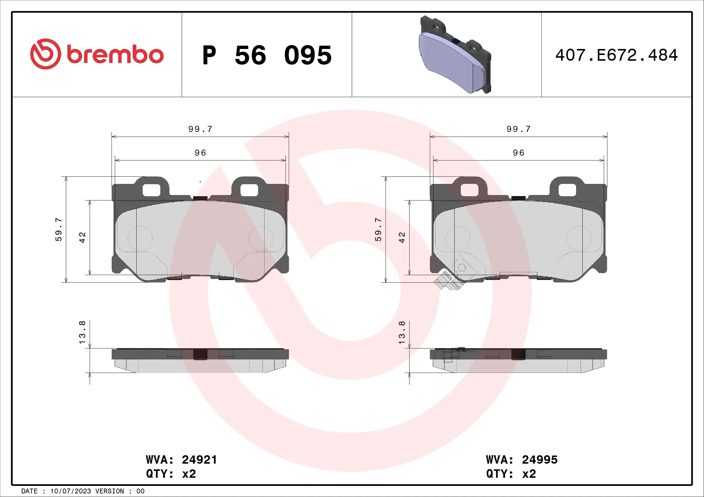 BREMBO P56095 Колодки тормозные дисковые задние
