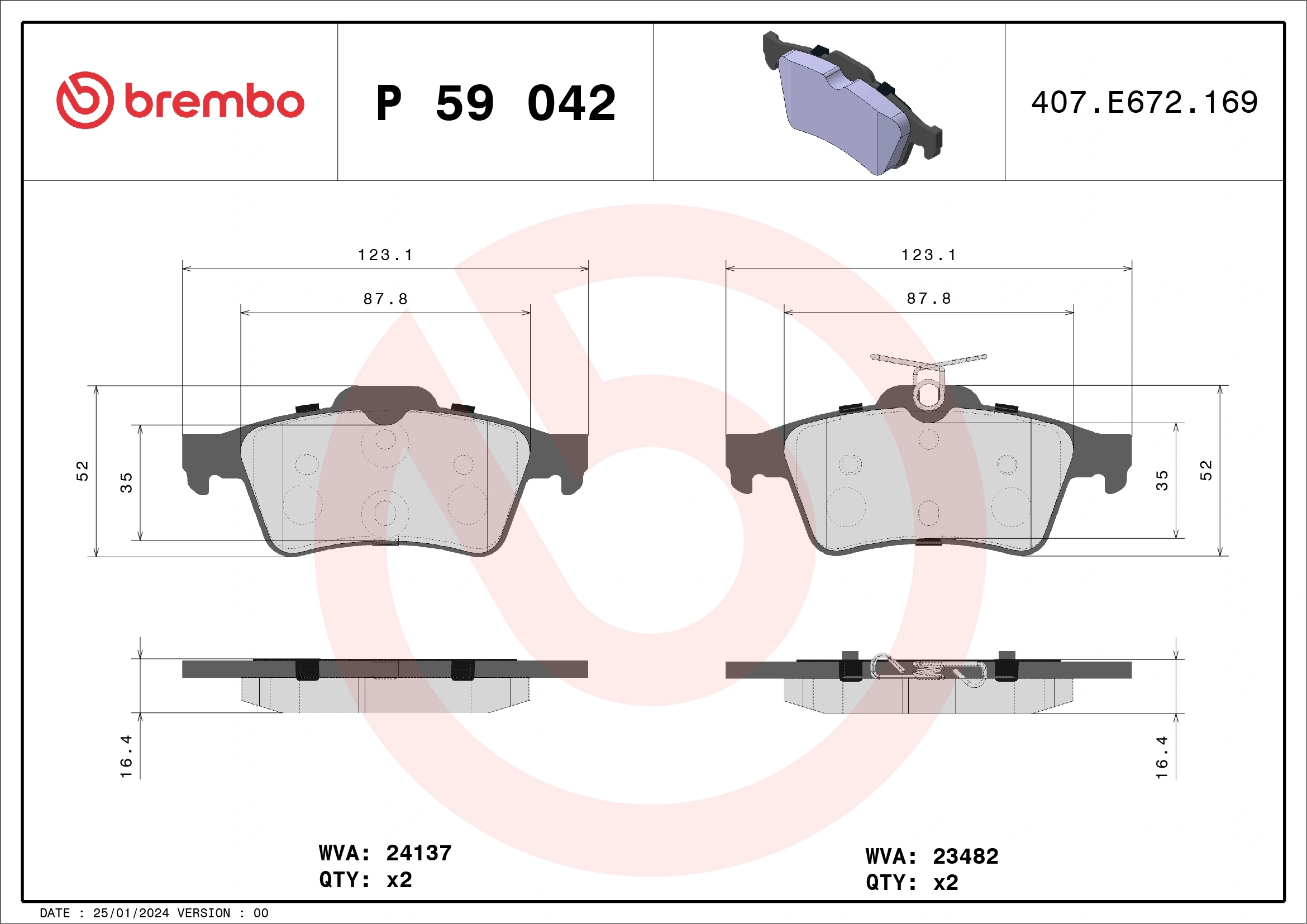 BREMBO P59042 Колодки тормозные FORD FOCUS II/III/MAZDA 3/OPEL VECTRA C/VOLVO S40 задние