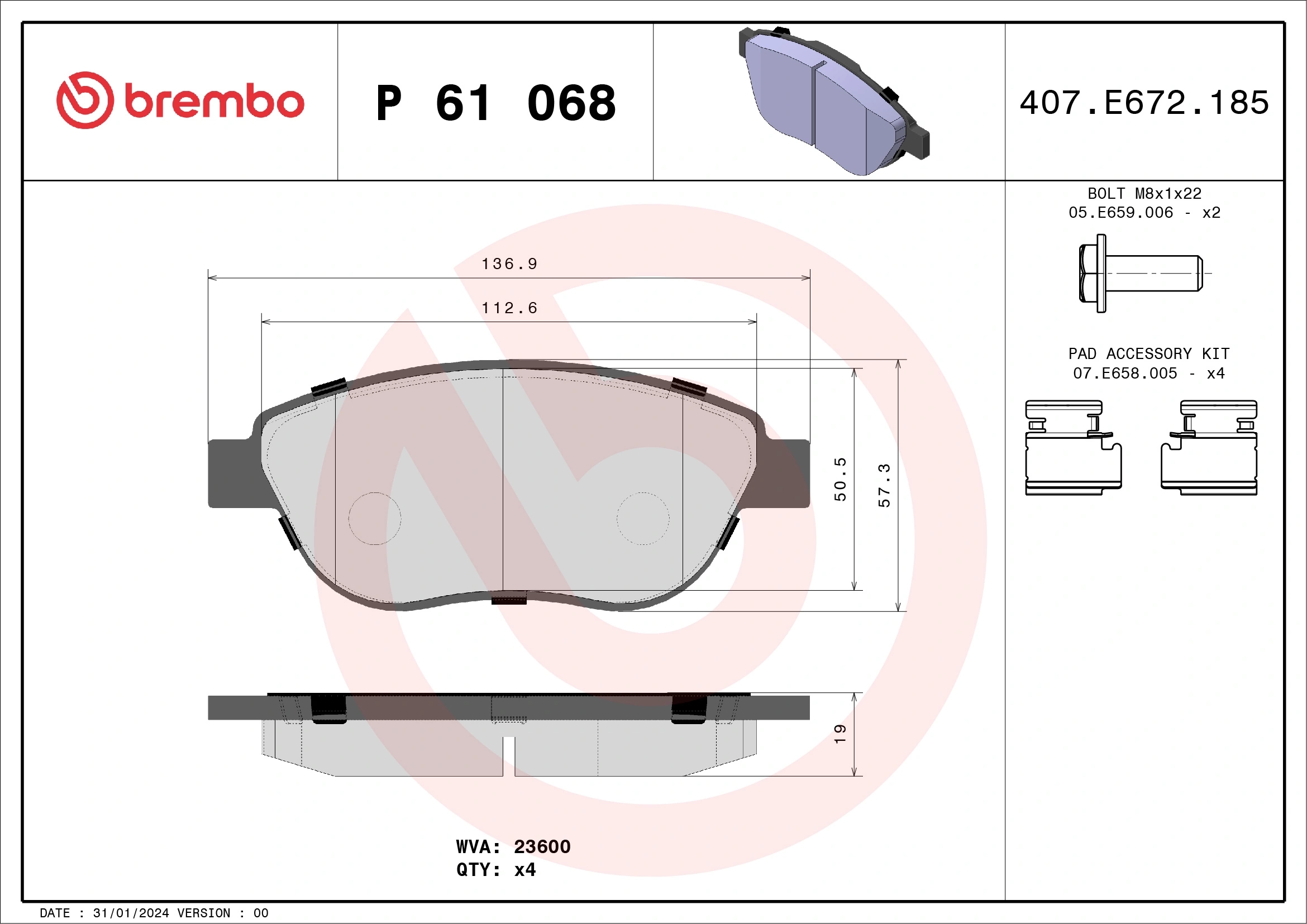 BREMBO P61068 Колодки тормозные дисковые перед