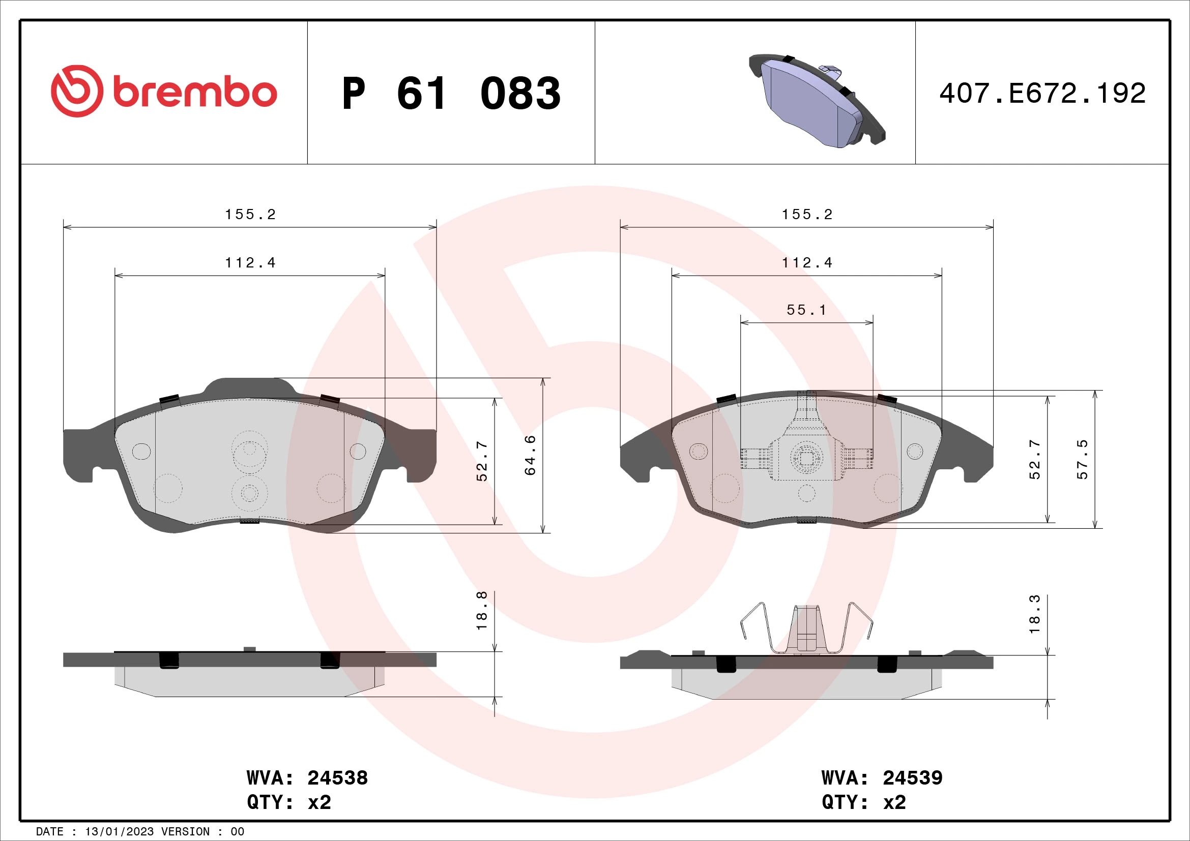 BREMBO P61083 Колодки тормозные CITROEN BERLINGO 08-/C4 06-/PARTNER 08- передние