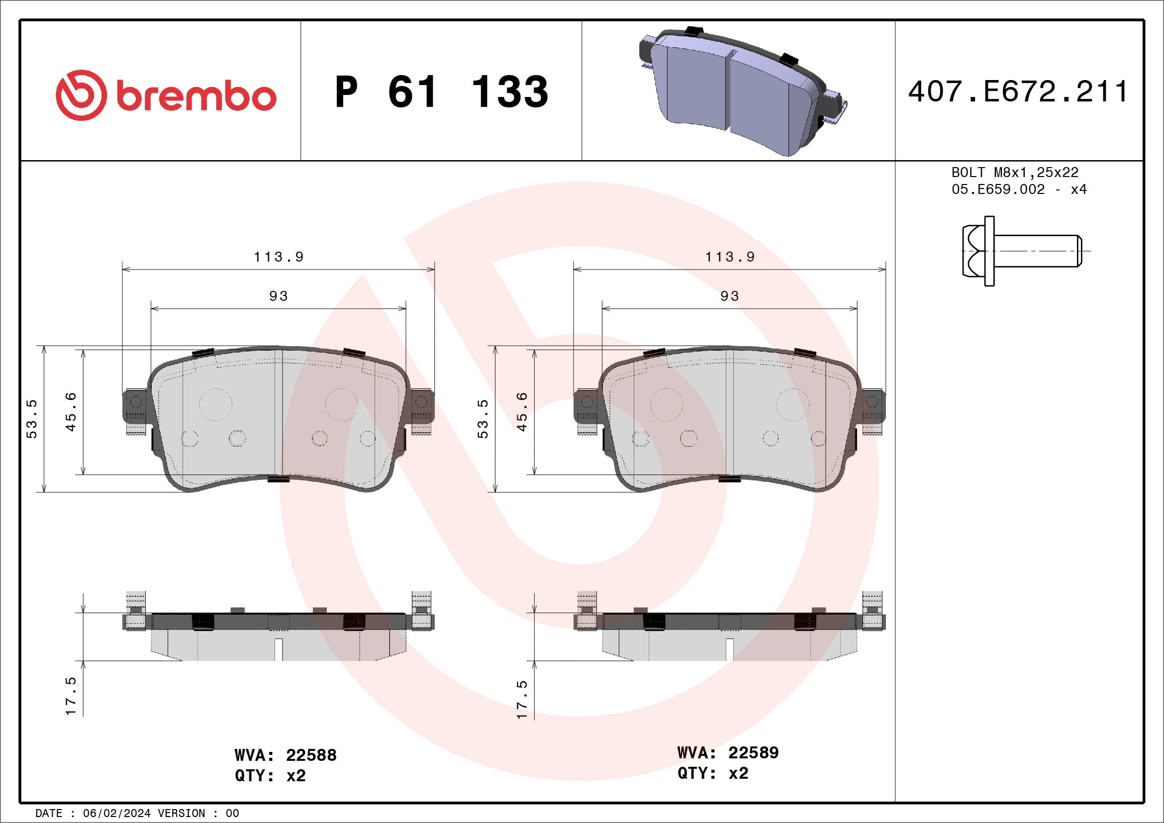 BREMBO P61133 Колодки торм.зад.