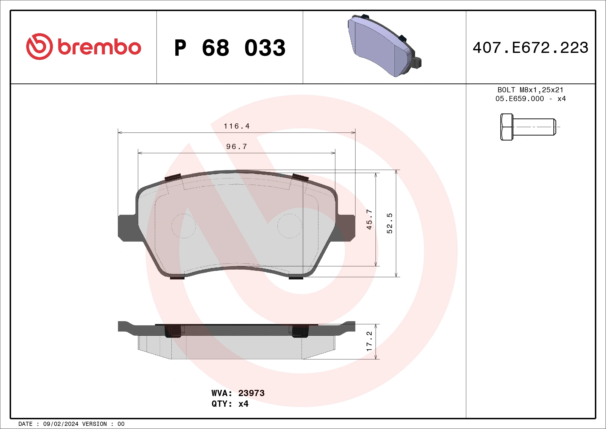 BREMBO P68033 Колодки тормозные дисковые передн NISSAN: MICRA C+C (K12) 05-, MICRA III (K12) 03-10 , NOTE (E11) 06-  RENAULT: CLIO Grandtour (KR0/1 ) 08-, CLIO III (BR0/1, CR0/1) 05-, MO