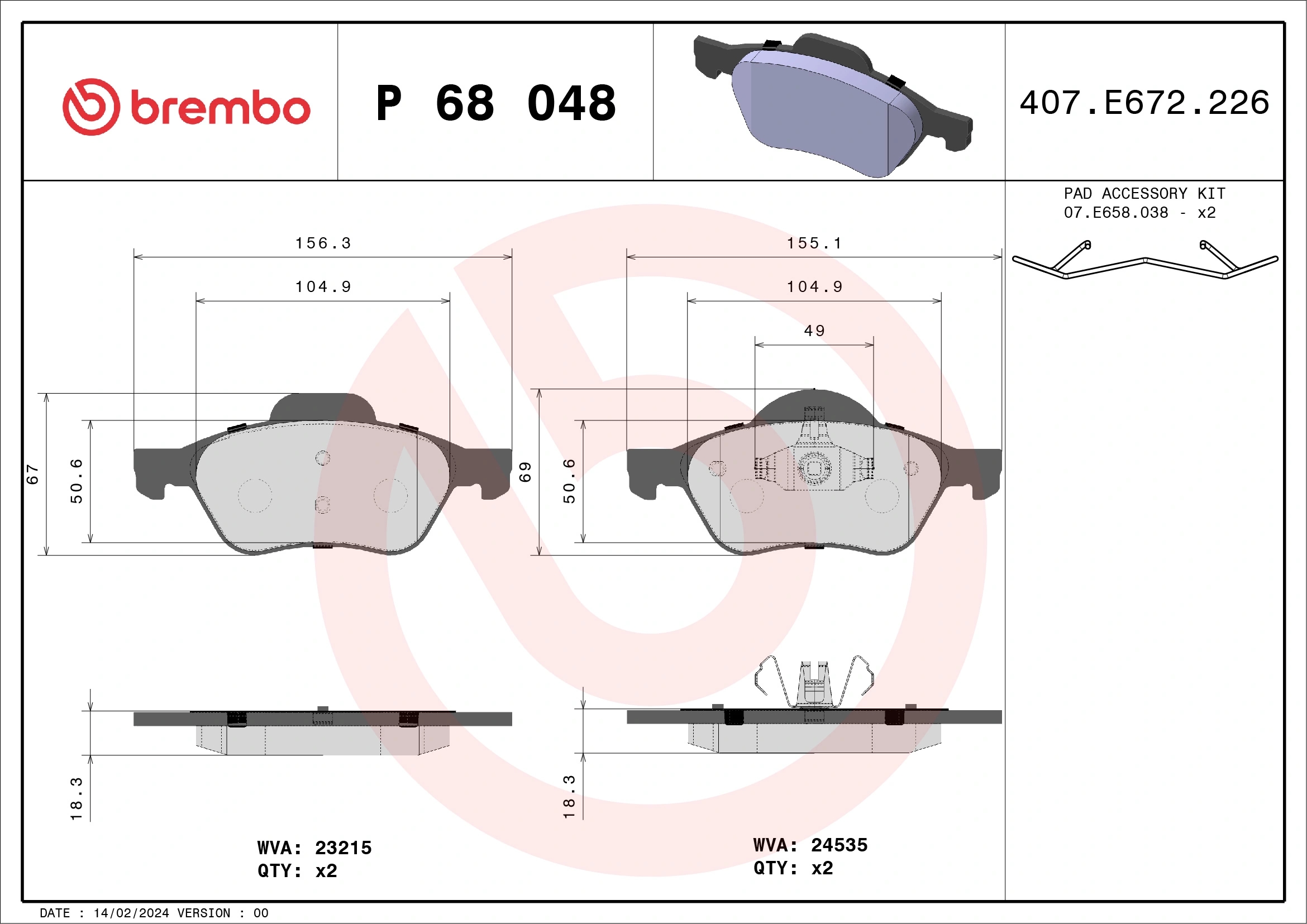 BREMBO P68048 Колодки тормозные дисковые перед