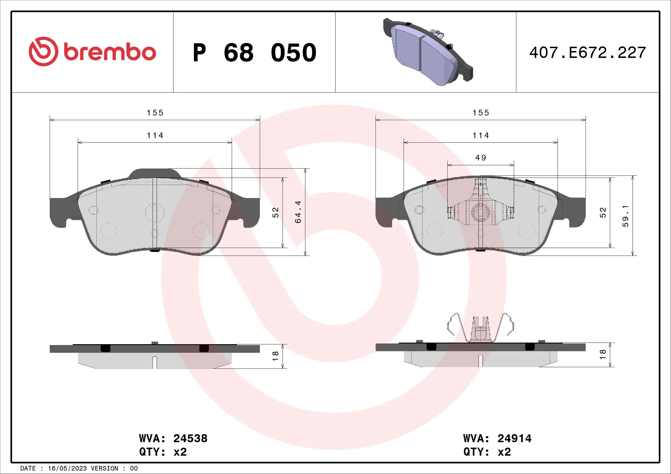 BREMBO P68050 Колодки пер. RENAULT SCENIC III11/10=>