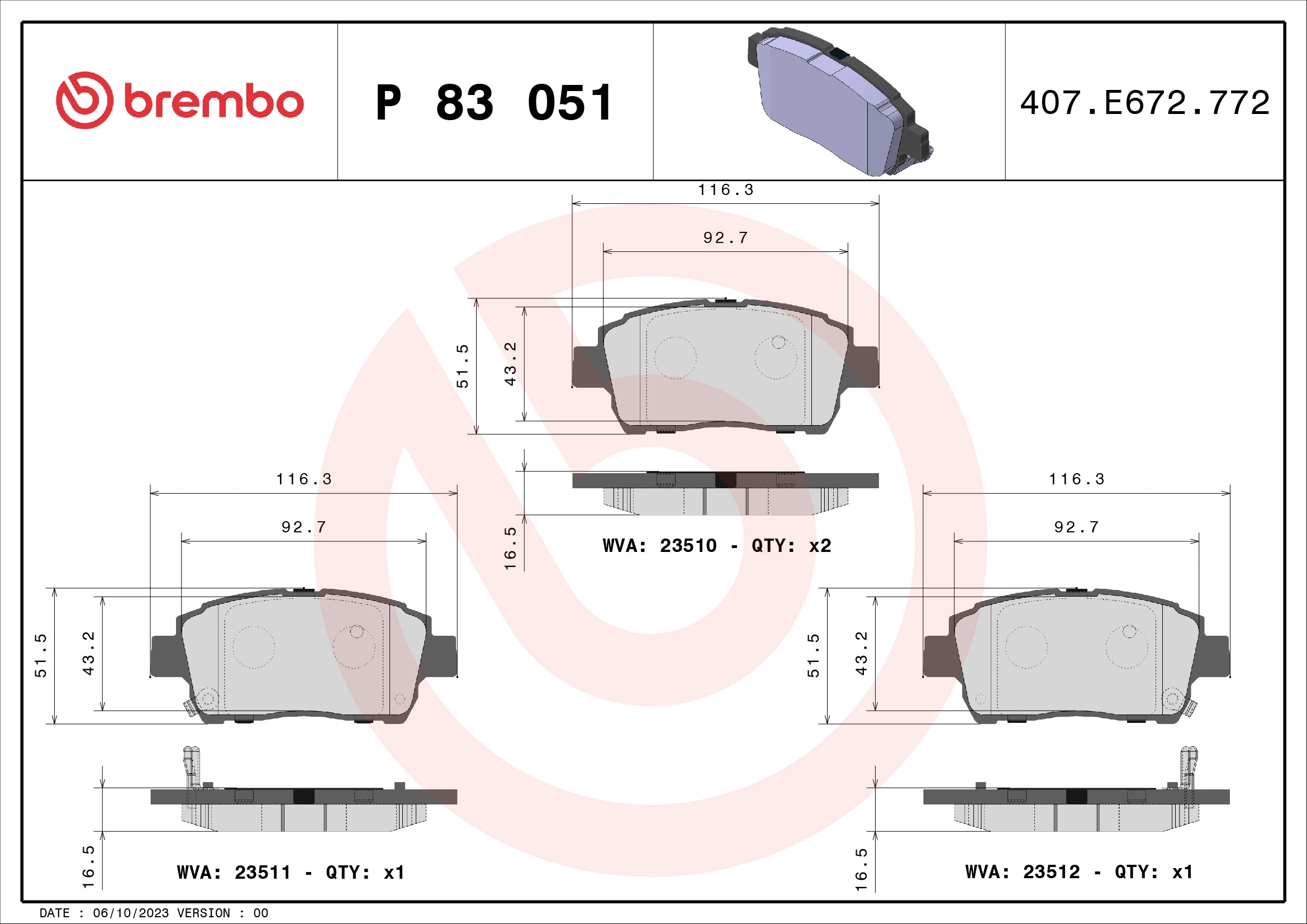 BREMBO P83051 Колодки тормозные TOYOTA COROLLA/PRIUS/YARIS 1.0-1.6 99- передние